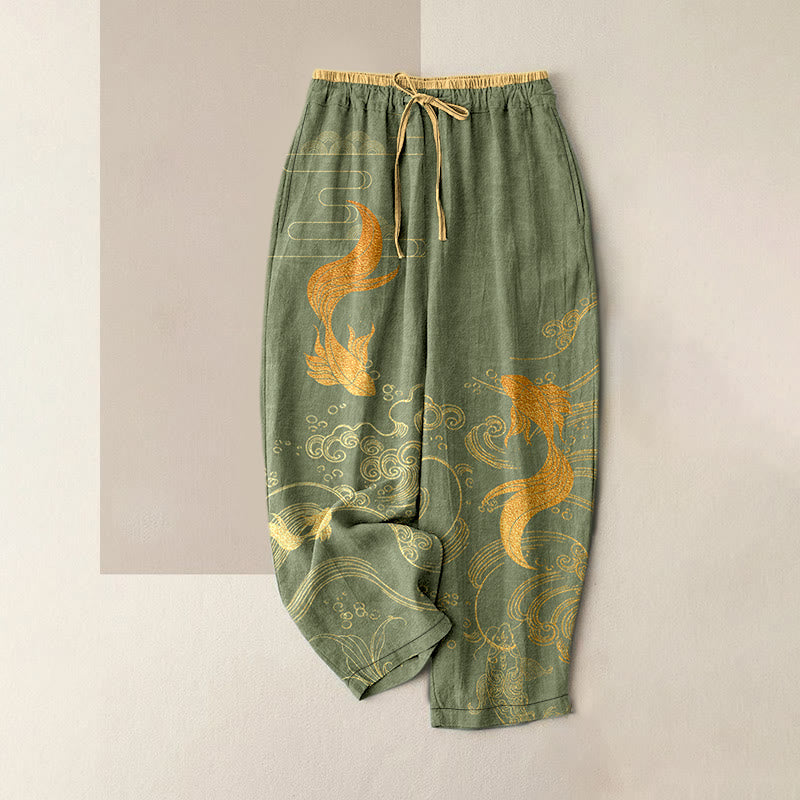 Buddha Stones Damenhose aus reiner Baumwolle mit Koi-Fisch-Wellenmuster, elastischem Bund und Taschen - Olivgrün - US16, UK/AU20, EU48 (3XL) - image 1