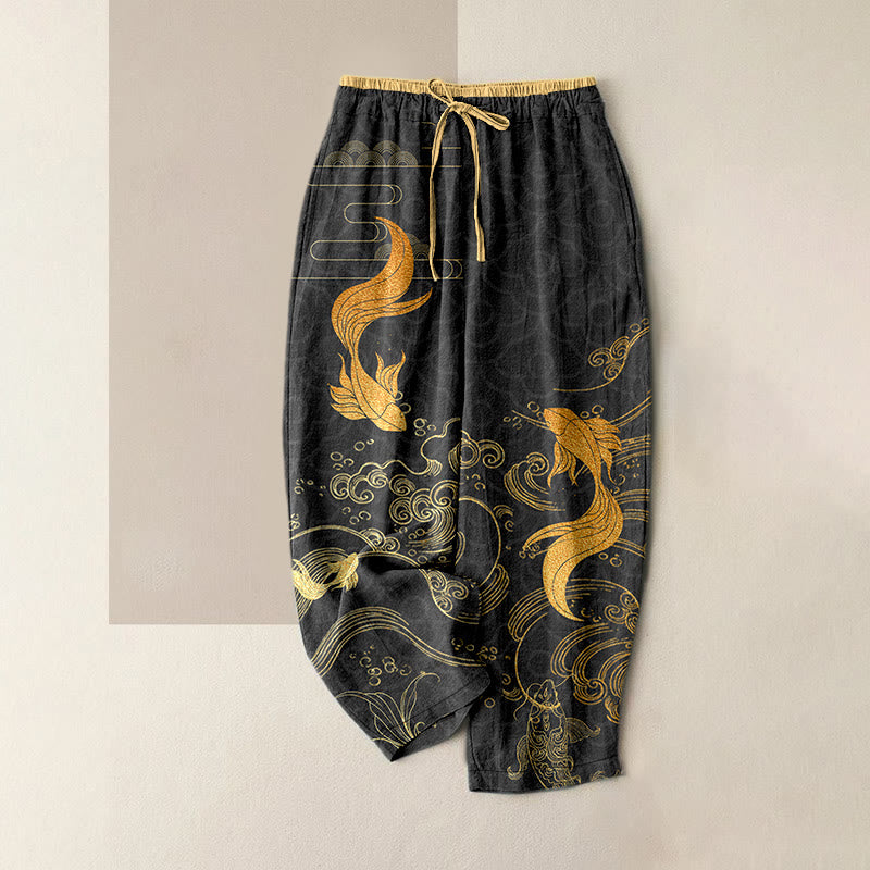 Buddha Stones Damenhose aus reiner Baumwolle mit Koi-Fisch-Wellenmuster, elastischem Bund und Taschen - Schwarz - US16, UK/AU20, EU48 (3XL) - image 5