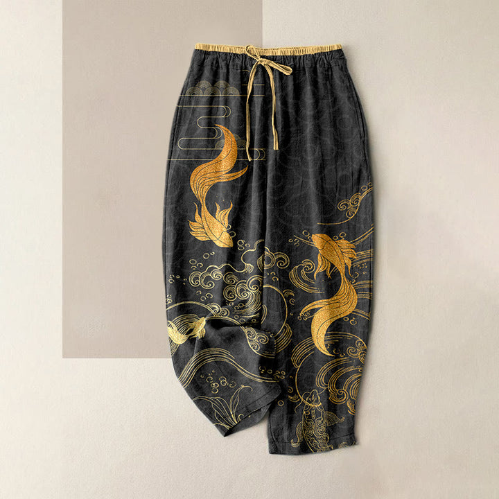 Buddha Stones Damenhose aus reiner Baumwolle mit Koi-Fisch-Wellenmuster, elastischem Bund und Taschen - Schwarz - US16, UK/AU20, EU48 (3XL) - image 5