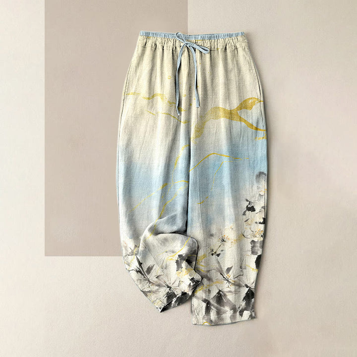 Buddha Stones Damenhose aus reiner Baumwolle mit Tintenblumenmuster und goldenen Linien, elastischem Bund und Taschen - Himmelblau - US16, UK/AU20, EU48 (3XL) - image 0