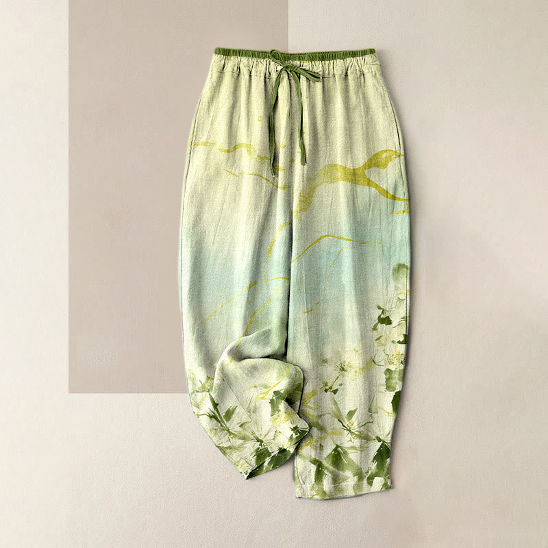 Buddha Stones Damenhose aus reiner Baumwolle mit Tintenblumenmuster und goldenen Linien, elastischem Bund und Taschen - Dunkelseegrün - US16, UK/AU20, EU48 (3XL) - image 3