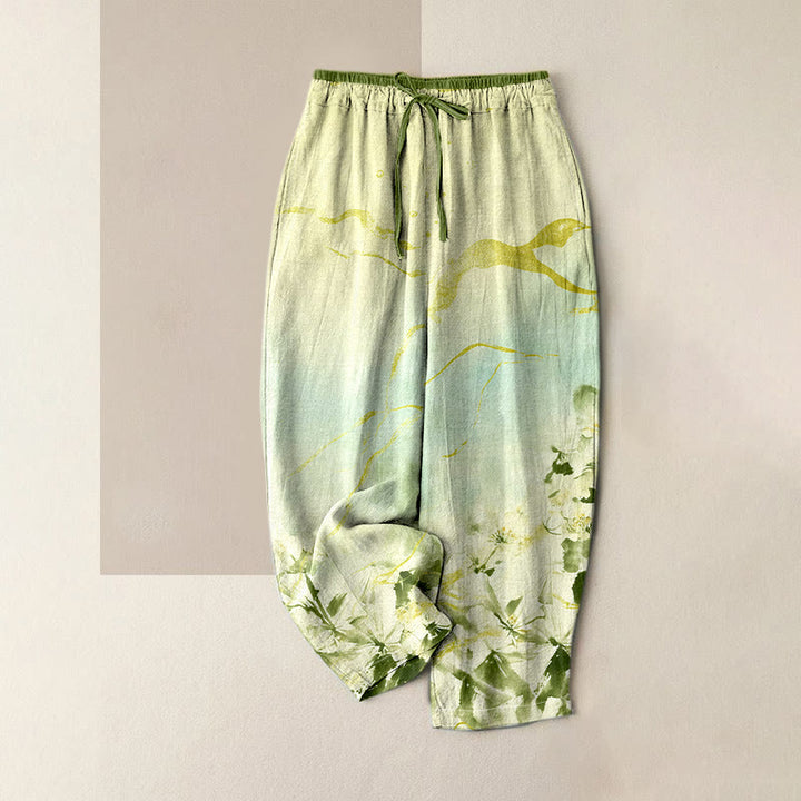 Buddha Stones Damenhose aus reiner Baumwolle mit Tintenblumenmuster und goldenen Linien, elastischem Bund und Taschen - Dunkelseegrün - US16, UK/AU20, EU48 (3XL) - image 3
