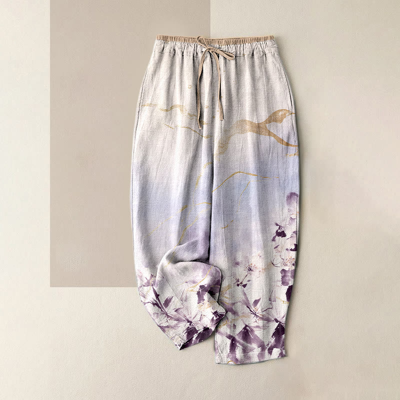 Buddha Stones Damenhose aus reiner Baumwolle mit Tintenblumenmuster und goldenen Linien, elastischem Bund und Taschen - Mittelviolett - US16, UK/AU20, EU48 (3XL) - image 4
