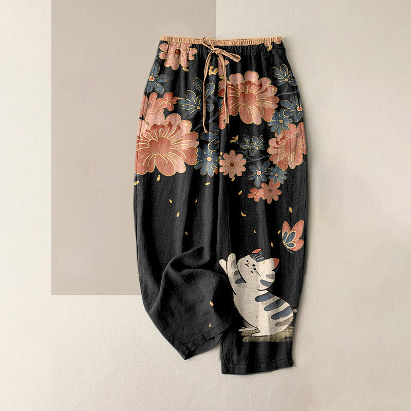Buddha Stones Damenhose aus reiner Baumwolle mit Katzen-, Schmetterlings- und rosa Blütenmuster, elastischem Bund und Taschen - Schwarz - US16, UK/AU20, EU48 (3XL) - image 0