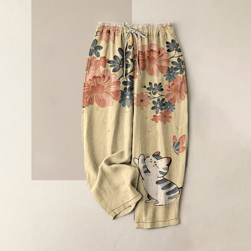 Buddha Stones Damenhose aus reiner Baumwolle mit Katzen-, Schmetterlings- und rosa Blütenmuster, elastischem Bund und Taschen - Blassgoldenrode - US16, UK/AU20, EU48 (3XL) - image 4