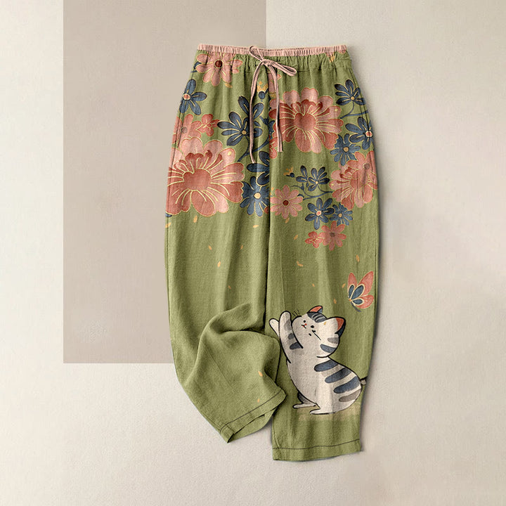 Buddha Stones Damenhose aus reiner Baumwolle mit Katzen-, Schmetterlings- und rosa Blütenmuster, elastischem Bund und Taschen - Olivgrün - US16, UK/AU20, EU48 (3XL) - image 5