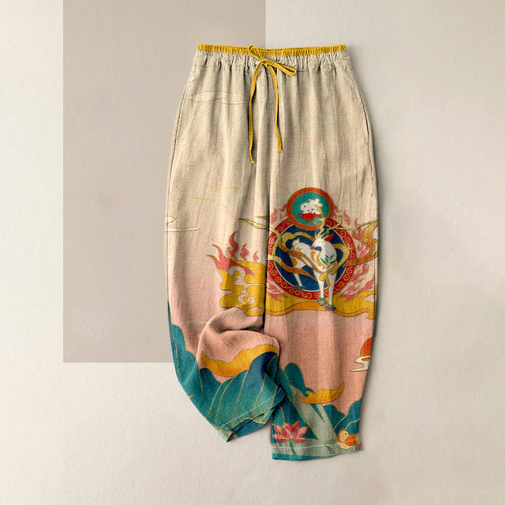 Buddha Stones Damenhose aus reiner Baumwolle mit Hirsch-, Berg- und Lotusmuster, elastischem Bund und Taschen - Beige - US16, UK/AU20, EU48 (3XL) - image 0
