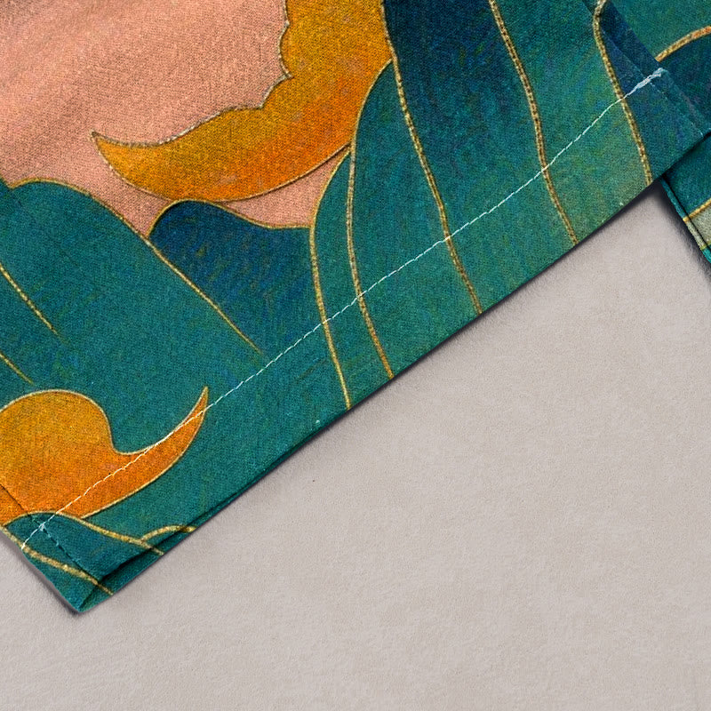 Buddha Stones Damenhose aus reiner Baumwolle mit Hirsch-, Berg- und Lotusmuster, elastischem Bund und Taschen - image 1