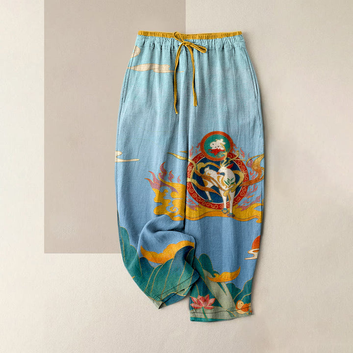 Buddha Stones Damenhose aus reiner Baumwolle mit Hirsch-, Berg- und Lotusmuster, elastischem Bund und Taschen - Himmelblau - US16, UK/AU20, EU48 (3XL) - image 3
