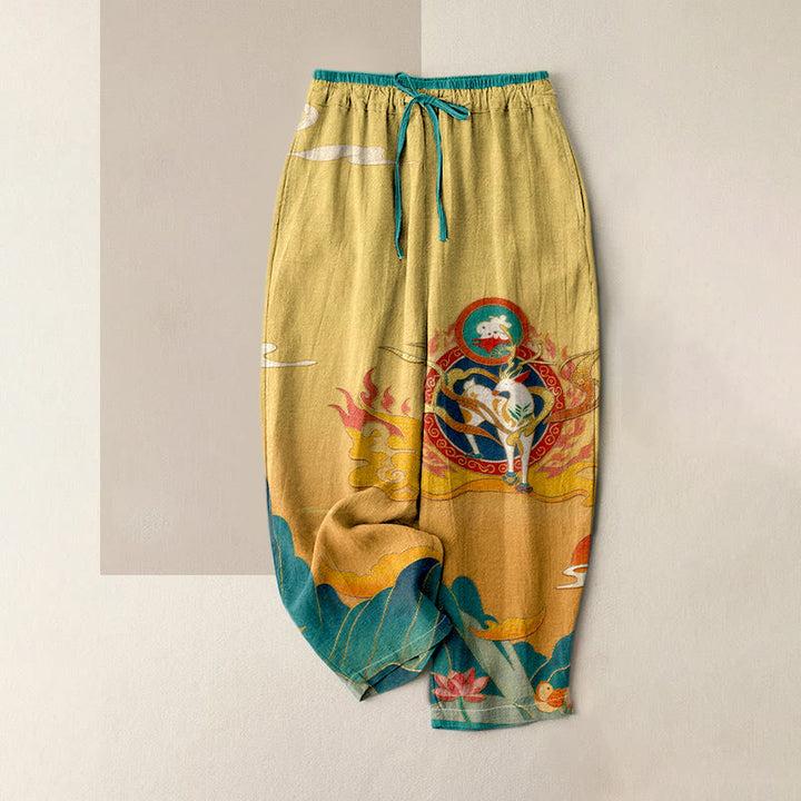 Buddha Stones Damenhose aus reiner Baumwolle mit Hirsch-, Berg- und Lotusmuster, elastischem Bund und Taschen - Khaki - US16, UK/AU20, EU48 (3XL) - image 4