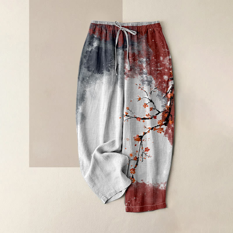 Buddha Stones Damenhose aus reiner Baumwolle mit Pflaumenblüten-Schneemuster, elastischem Bund und Taschen - Schiefergrau - US16, UK/AU20, EU48 (3XL) - image 0