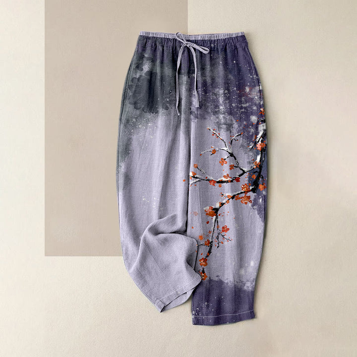 Buddha Stones Damenhose aus reiner Baumwolle mit Pflaumenblüten-Schneemuster, elastischem Bund und Taschen - Lavendel - US16, UK/AU20, EU48 (3XL) - image 3