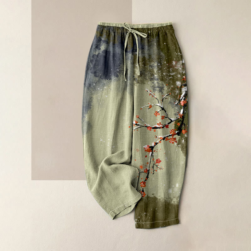Buddha Stones Damenhose aus reiner Baumwolle mit Pflaumenblüten-Schneemuster, elastischem Bund und Taschen - Dunkelseegrün - US16, UK/AU20, EU48 (3XL) - image 4