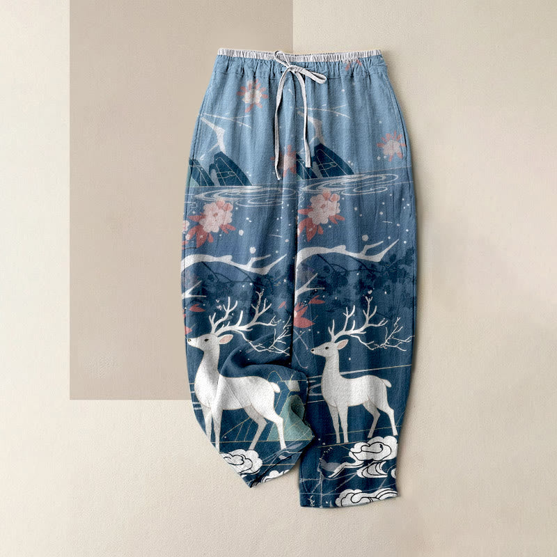 Buddha Stones Damenhose aus reiner Baumwolle mit rosa Blüten-, Hirsch- und Bergmuster, elastischem Bund und Taschen - SteelBlue - US16, UK/AU20, EU48 (3XL) - image 0