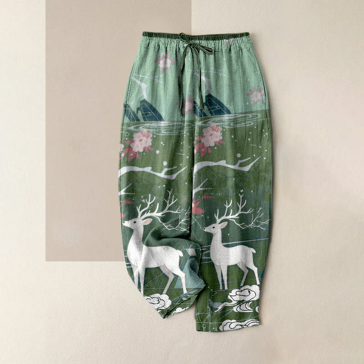 Buddha Stones Damenhose aus reiner Baumwolle mit rosa Blüten-, Hirsch- und Bergmuster, elastischem Bund und Taschen - Dunkelmeergrün - US16, UK/AU20, EU48 (3XL) - image 3