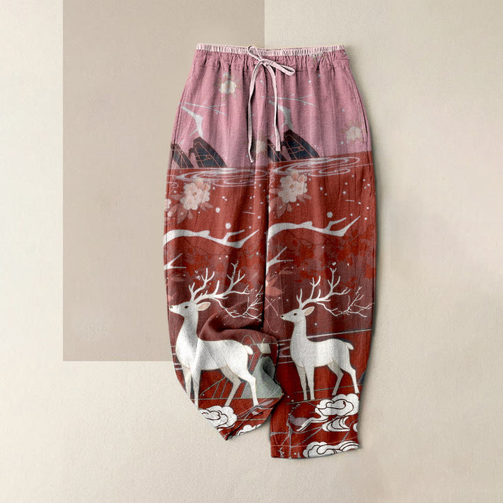 Buddha Stones Damenhose aus reiner Baumwolle mit rosa Blüten-, Hirsch- und Bergmuster, elastischem Bund und Taschen - Feuerfestziegel - US16, UK/AU20, EU48 (3XL) - image 6