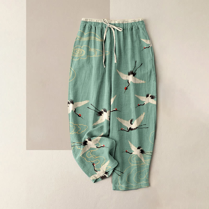 Buddha Stones Damenhose aus reiner Baumwolle mit Kranich- und Wolkenmuster, elastischem Bund und Taschen - Hellseegrün - US16, UK/AU20, EU48 (3XL) - image 0