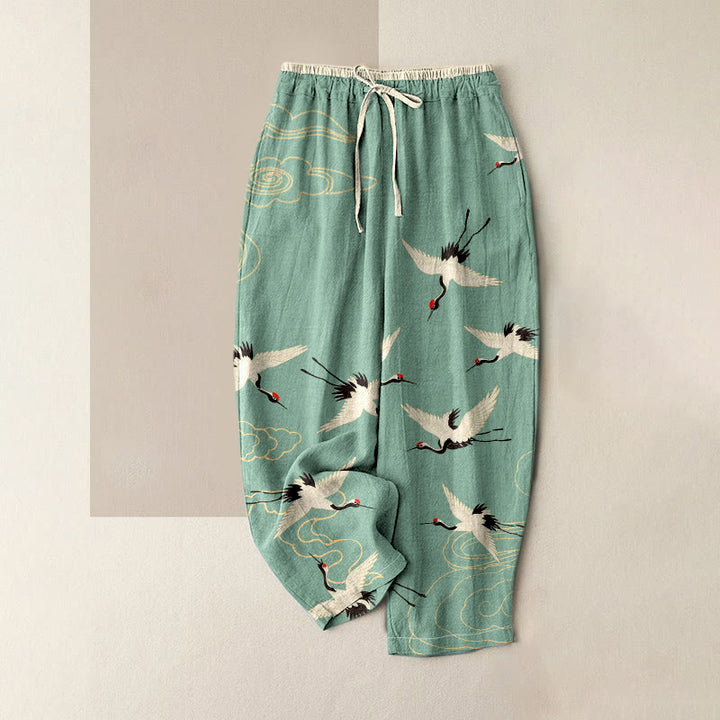Buddha Stones Damenhose aus reiner Baumwolle mit Kranich- und Wolkenmuster, elastischem Bund und Taschen - Hellseegrün - US16, UK/AU20, EU48 (3XL) - image 0
