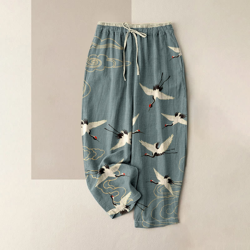 Buddha Stones Damenhose aus reiner Baumwolle mit Kranich- und Wolkenmuster, elastischem Bund und Taschen - Hellschiefergrau - US16, UK/AU20, EU48 (3XL) - image 3