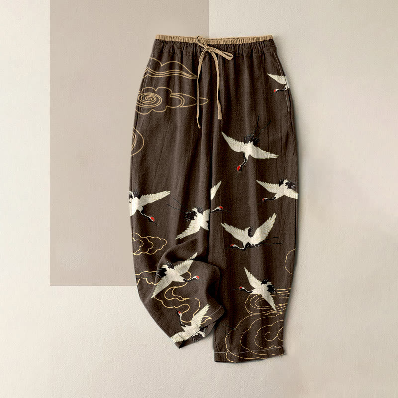 Buddha Stones Damenhose aus reiner Baumwolle mit Kranich- und Wolkenmuster, elastischem Bund und Taschen - Sattelbraun - US16, UK/AU20, EU48 (3XL) - image 4