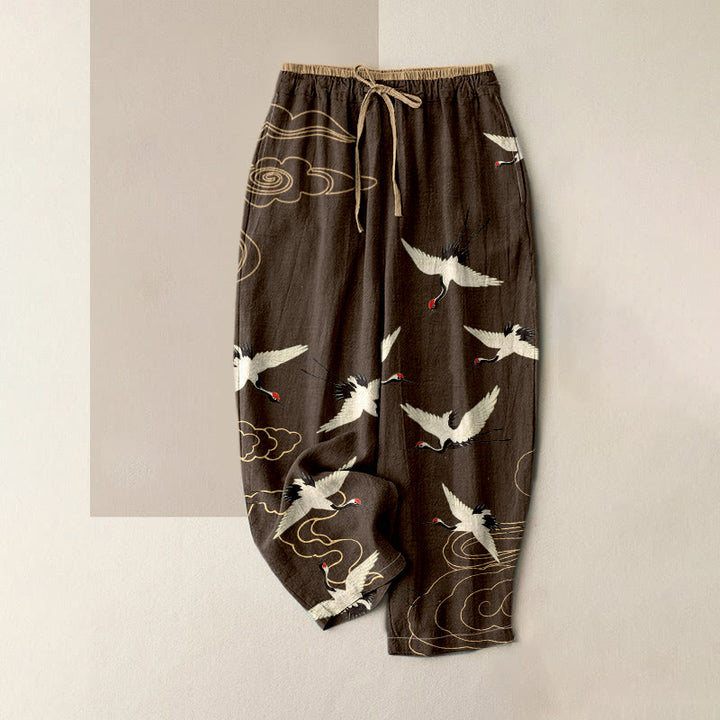 Buddha Stones Damenhose aus reiner Baumwolle mit Kranich- und Wolkenmuster, elastischem Bund und Taschen - Sattelbraun - US16, UK/AU20, EU48 (3XL) - image 4