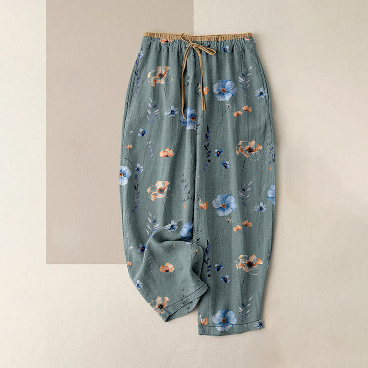 Buddha Stones Damenhose aus reiner Baumwolle mit Wildblumen-Pfirsichblütenmuster, elastischem Bund und Taschen - Kadettenblau - US16, UK/AU20, EU48 (3XL) - image 0