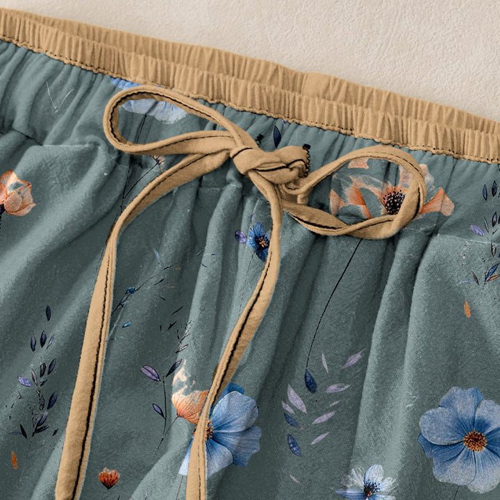Buddha Stones Damenhose aus reiner Baumwolle mit Wildblumen-Pfirsichblütenmuster, elastischem Bund und Taschen - image 1