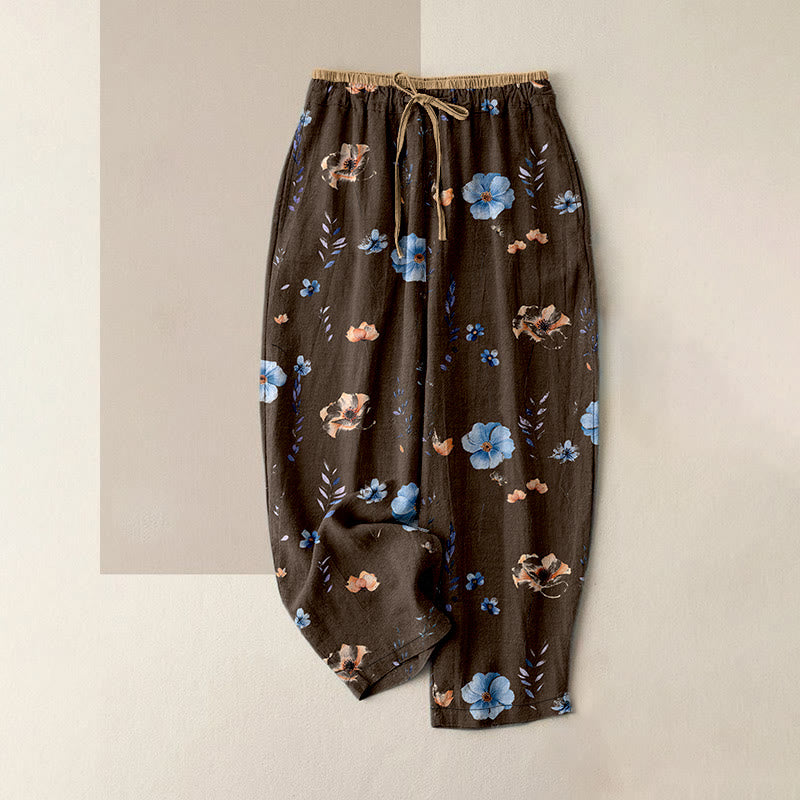 Buddha Stones Damenhose aus reiner Baumwolle mit Wildblumen-Pfirsichblütenmuster, elastischem Bund und Taschen - Sattelbraun - US16, UK/AU20, EU48 (3XL) - image 4