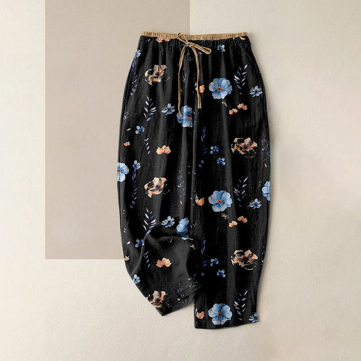 Buddha Stones Damenhose aus reiner Baumwolle mit Wildblumen-Pfirsichblütenmuster, elastischem Bund und Taschen - Schwarz - US16, UK/AU20, EU48 (3XL) - image 8