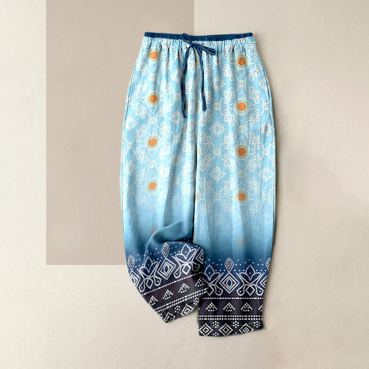 Buddha Stones Damenhose aus reiner Baumwolle mit geometrischem Rautenmuster und Punkten, elastischem Bund und Taschen - Hellblau - US16, UK/AU20, EU48 (3XL) - image 0