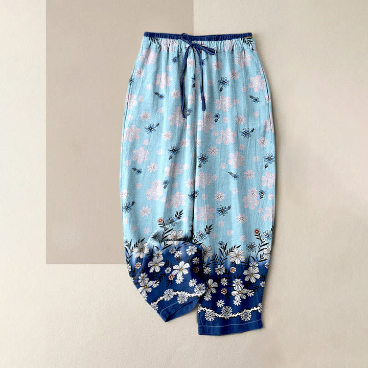 Buddha Stones Damenhose aus reiner Baumwolle mit Gänseblümchenmuster, elastischem Bund und Taschen - Himmelblau - US16, UK/AU20, EU48 (3XL) - image 0