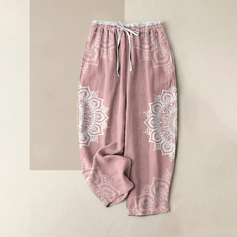 Buddha Stones Damenhose aus reiner Baumwolle mit Mandala-Muster, elastischem Bund und Taschen - Hellrosa - US16, UK/AU20, EU48 (3XL) - image 0