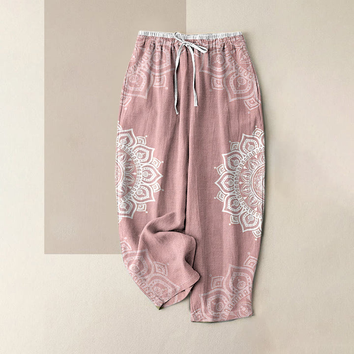 Buddha Stones Damenhose aus reiner Baumwolle mit Mandala-Muster, elastischem Bund und Taschen - Hellrosa - US16, UK/AU20, EU48 (3XL) - image 0