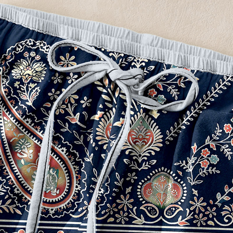 Buddha Stones Damenhose aus reiner Baumwolle mit Paisley-Lotusmuster, elastischem Bund und Taschen - image 1