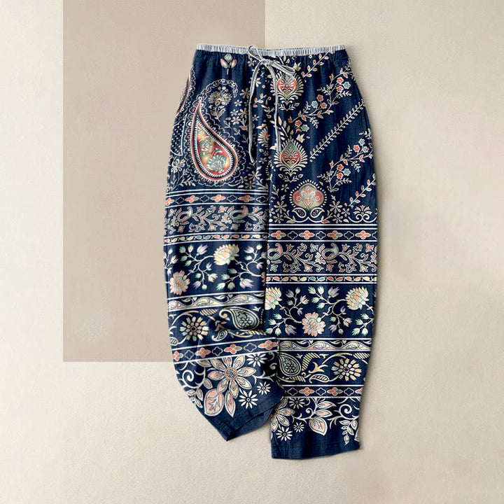 Buddha Stones Damenhose aus reiner Baumwolle mit Paisley-Lotusmuster, elastischem Bund und Taschen - SteelBlue - US16, UK/AU20, EU48 (3XL) - image 0