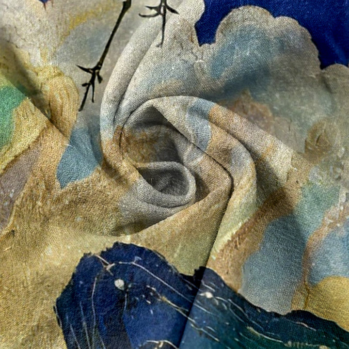 Buddha Stones Damenhose aus reiner Baumwolle mit Kranich-, Wolken- und Bergmuster, elastischem Bund und Taschen - image 3
