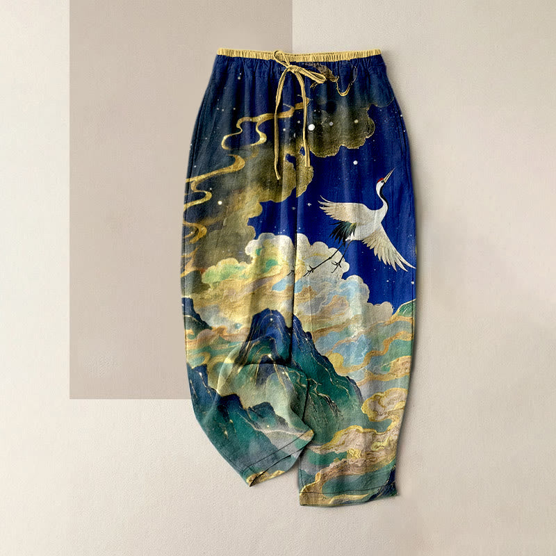 Buddha Stones Damenhose aus reiner Baumwolle mit Kranich-, Wolken- und Bergmuster, elastischem Bund und Taschen - Dunkelblau - US16, UK/AU20, EU48 (3XL) - image 0