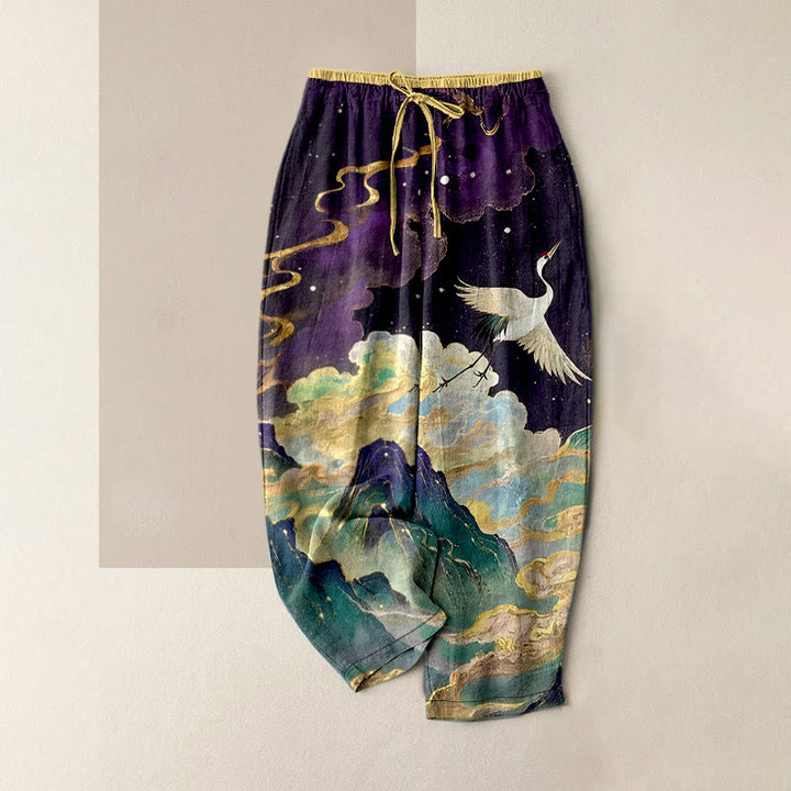Buddha Stones Damenhose aus reiner Baumwolle mit Kranich-, Wolken- und Bergmuster, elastischem Bund und Taschen - Indigo - US16, UK/AU20, EU48 (3XL) - image 4