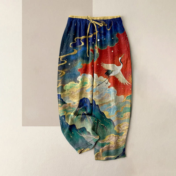 Buddha Stones Damenhose aus reiner Baumwolle mit Kranich-, Wolken- und Bergmuster, elastischem Bund und Taschen - Orangerot - US16, UK/AU20, EU48 (3XL) - image 8