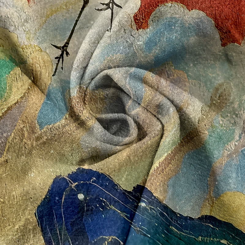 Buddha Stones Damenhose aus reiner Baumwolle mit Kranich-, Wolken- und Bergmuster, elastischem Bund und Taschen - image 11