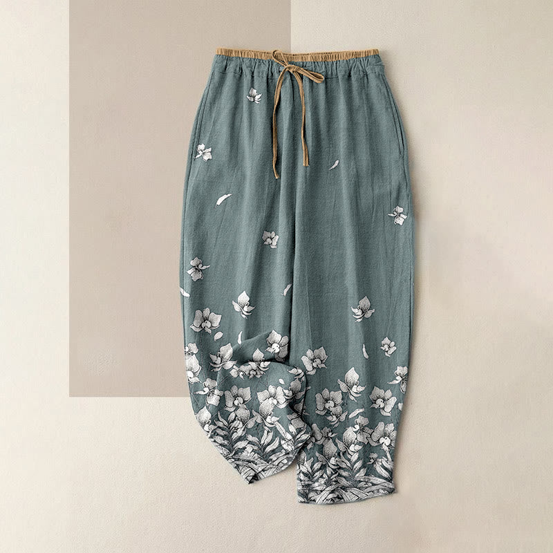 Buddha Stones Damenhose aus reiner Baumwolle mit Blütenblattmuster, elastischem Bund und Taschen - Hellseegrün - US16, UK/AU20, EU48 (3XL) - image 0