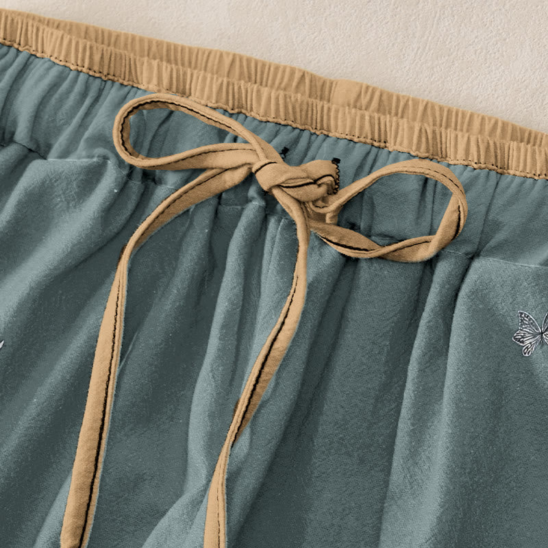 Buddha Stones Damenhose aus reiner Baumwolle mit Blütenblattmuster, elastischem Bund und Taschen - image 1