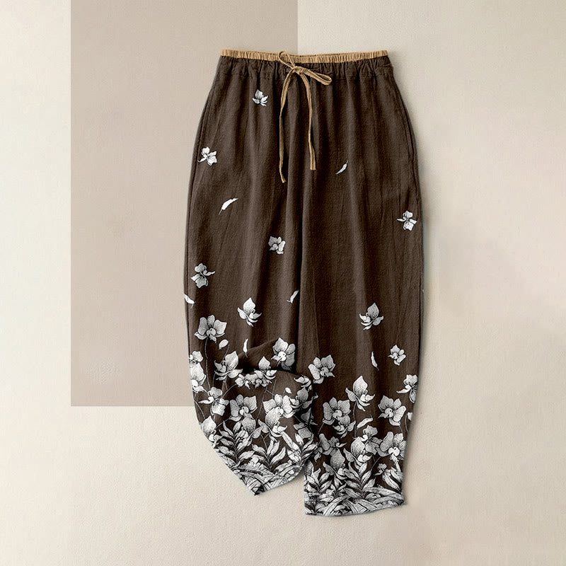 Buddha Stones Damenhose aus reiner Baumwolle mit Blütenblattmuster, elastischem Bund und Taschen - Sattelbraun - US16, UK/AU20, EU48 (3XL) - image 4