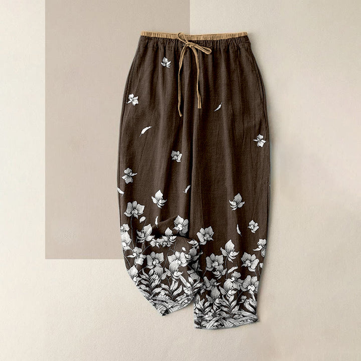 Buddha Stones Damenhose aus reiner Baumwolle mit Blütenblattmuster, elastischem Bund und Taschen - Sattelbraun - US16, UK/AU20, EU48 (3XL) - image 4