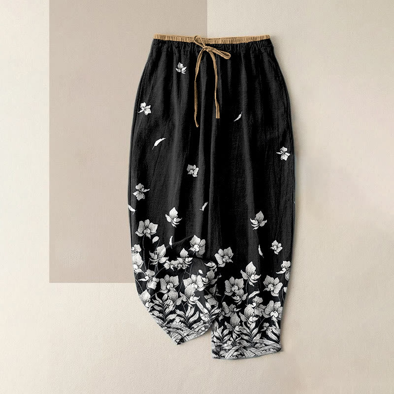 Buddha Stones Damenhose aus reiner Baumwolle mit Blütenblattmuster, elastischem Bund und Taschen - Schwarz - US16, UK/AU20, EU48 (3XL) - image 8