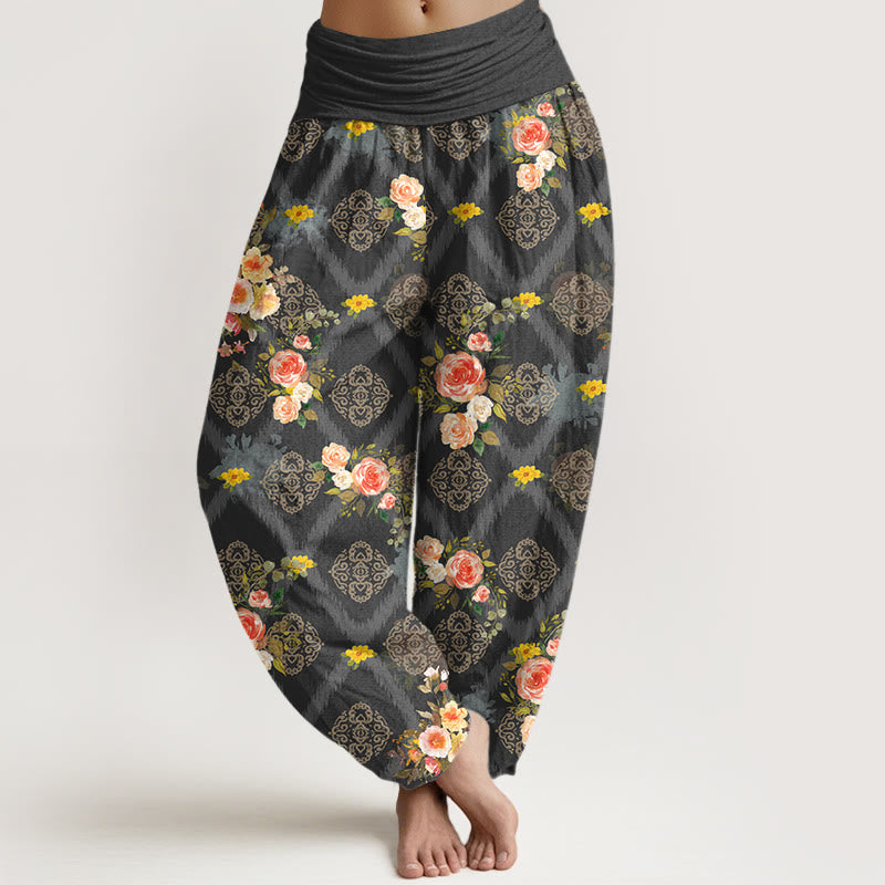 Buddha Stones Baumwoll-Haremshose mit geometrischem, farbenfrohem Rosenmuster und elastischem Bund für Damen - DimGray - US16, UK/AU20, EU48 (3XL) - image 5