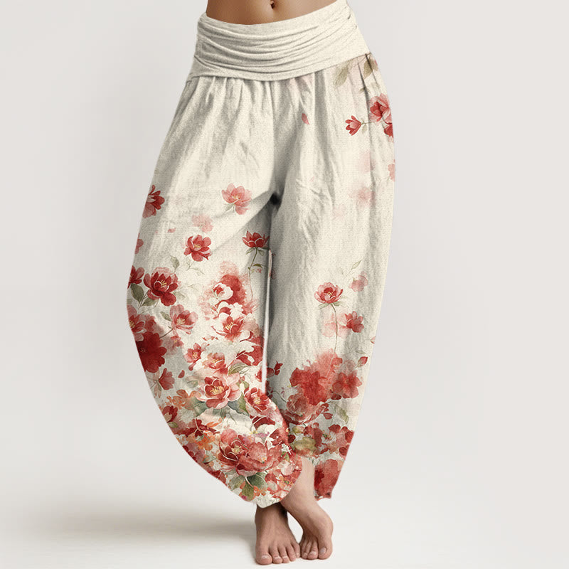 Buddha Stones Baumwoll-Haremshose mit Kamelien-Pfingstrosen-Muster und elastischem Bund für Damen - FloralWeiß - US16, UK/AU20, EU48 (3XL) - image 0