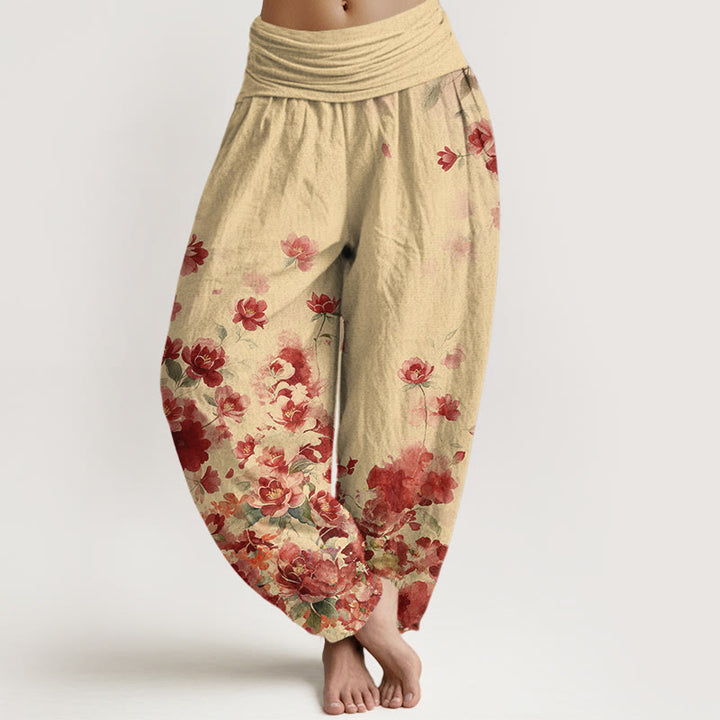 Buddha Stones Baumwoll-Haremshose mit Kamelien-Pfingstrosen-Muster und elastischem Bund für Damen - Zitronen-Chiffon - US16, UK/AU20, EU48 (3XL) - image 5