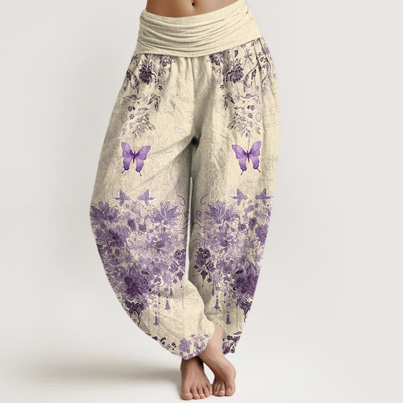 Buddha Stones Baumwoll-Haremshose mit Schmetterlings- und Blumenmuster, elastischer Bund, Damen - Beige - US16, UK/AU20, EU48 (3XL) - image 5