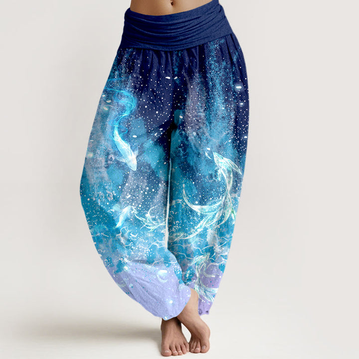 Buddha Stones Baumwoll-Haremshose mit Koi-Fisch-Muster und elastischem Bund für Damen - Dunkelblau - US16, UK/AU20, EU48 (3XL) - image 0